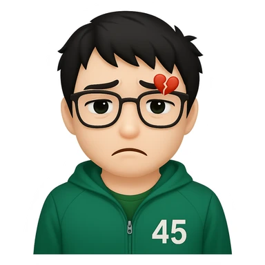 Edit the male character in a green Squid Game tracksuit with the number 456. Remove any cash or banknote from his hand. Make his glasses black. Keep his tired and emotional face with messy black hair, sad eyes, and a subtle heartbroken expression. The style should be cartoon emoji style with no paper or cash visible. sticker