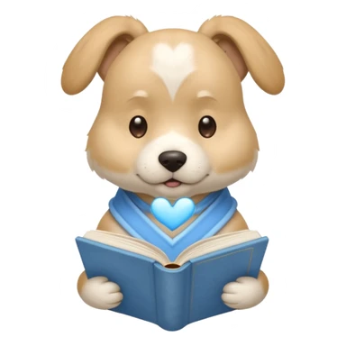 beige dog reading a sky blue book with a large white heart on its back sticker