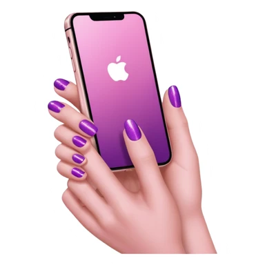 Hand with 5 fingers holding a pink iphone with purple shimmer manicure sticker