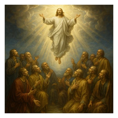 Jesus ascending, surrounded by disciples below, sky splitting open with heavenly light, awe-inspiring and holy sticker