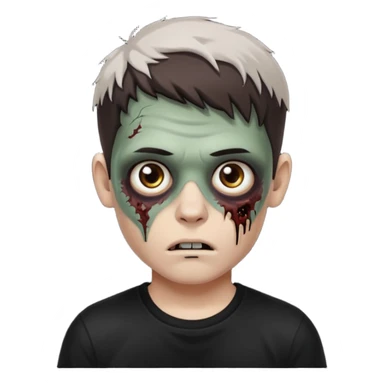 zombie white boy with dark brown edgar haircut and brown eyes (his skin is clear and white but with zombie scars) in black tee  sticker