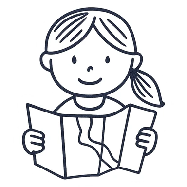 a girl holding a map, hand drawn outline style sticker