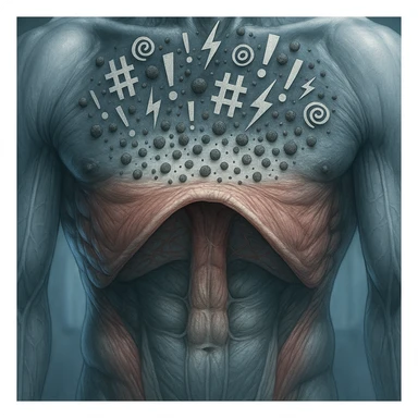 hyper realistic close-up of diaphragm blocking stress particles, anatomical details, tense muscles, stress symbols accumulating above diaphragm, clinical atmosphere, cool tones sticker