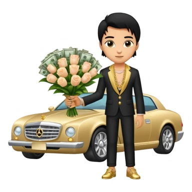 a pretty bratz boy with black hair, holding a bouquet made of money, car behind him sticker