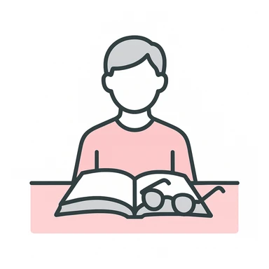 A pink and gray flat illustration of a book open on a table with a pair of glasses. sticker