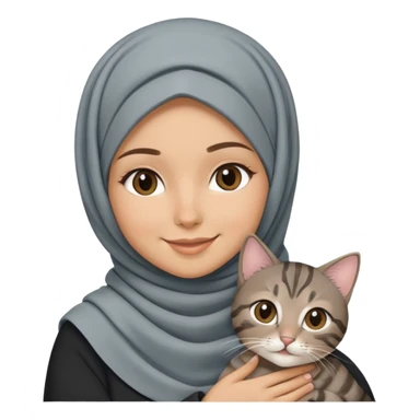 White girl wearing hijab holding a black grey tabby cat while smiling sticker