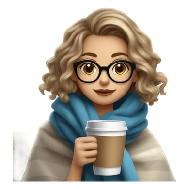 Balayage short hair Girl drinking coffee, with a cozy blanket wearing glasses with blue eyes beautiful  sticker