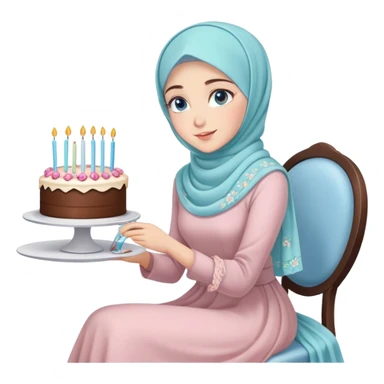 Turkish beautiful finish Konya girl blue eyes with pastel hijab long tail dress and sits on the chair and holds floral cake with her hand  sticker