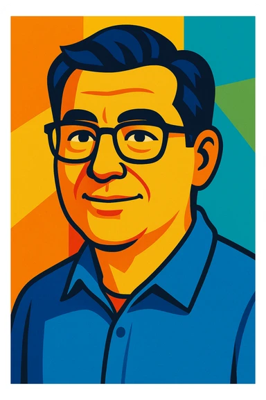 vibrant cartoon style portrait of a man about 50 years old, dark hair, wearing glasses sticker