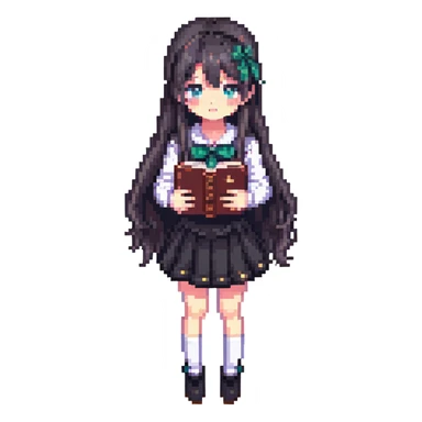 Japanese anime schoolgirl with long hair holding a book in pixel art style sticker