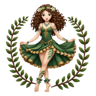 full body woman long curly brown hair brown eyes white skin tattoos forest nymph dancer pose, petal ribbons around legs sticker