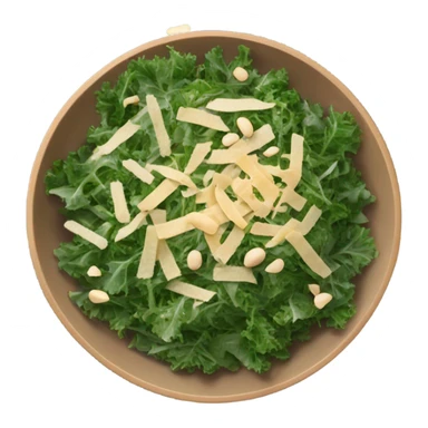 Shredded kale topped with pine nuts and shredded cheese in a large salad bowl sticker