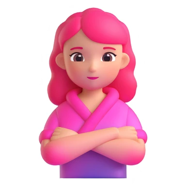 Shy girl character with arms crossed, transparent glass style, bright pink gradient, soft shadows and highlights, minimalist cute design sticker