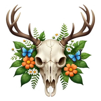 Elk skull with plants, flowers, butterflies  sticker
