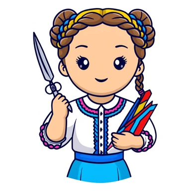 Ukrainian young girl with braided hair wearing a white embroidered traditional shirt (vyshyvanka) holding scissors and colorful craft paper sticker