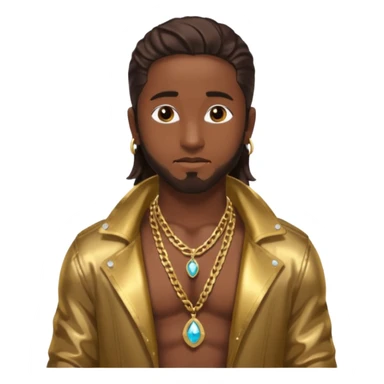 Omarion with long dark brown hair, shirtless with necklace, metallic bronze jacket sticker