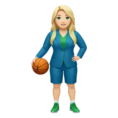Full Body white plus size female basketball head coach with long blonde hair in a blue and green suit smiling sticker