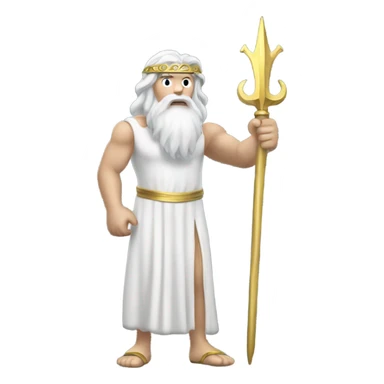 white man Poseidon with gold trident. long white hair white dress. with mechanic cap sticker