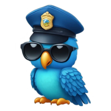 close up view of cute blue parrot in police hat and dark glasses sticker