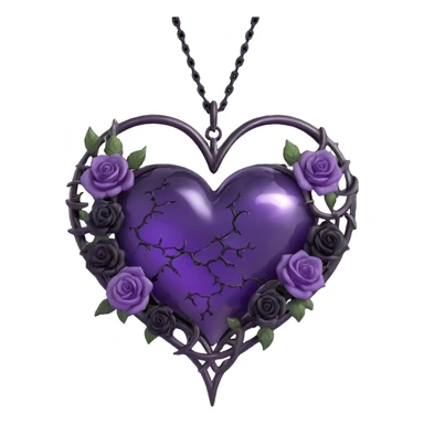 3D emoji gothic heart, purple glass, crescent moon with chain, black roses forming a spiral, subtle lightning, light drizzle, cracked glass with silver highlights sticker