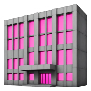 Concrete block building in brutalist style with one pink neon window and several standard windows sticker