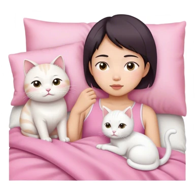 Short hair Asian girl in pink cloth wake up with white cat  sticker