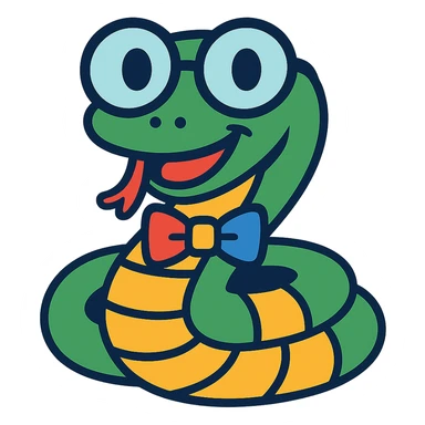 Add a colorful bow tie to the nerd snake with round glasses, keep the background transparent. sticker