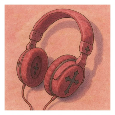 pink gothic headphones with soft shading, cross motifs, and velvet texture sticker
