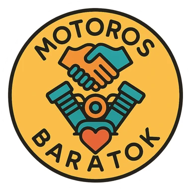 circular motorcycle cap design with the Hungarian phrase 'Motoros Barátok', featuring motorcycle motifs like handshake, motor, heart, friendly style sticker