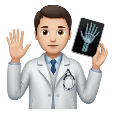 Radiografía de mano sostenida por un hombre con bata blanca  piel clara cabello café obscuro sticker