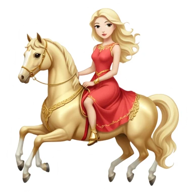 "woman, in long slim pastel red", rides "horse gold and white" sticker