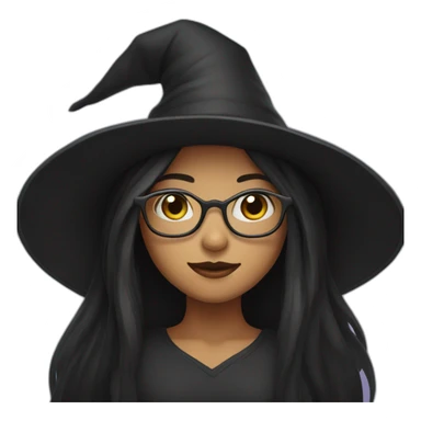 girl with black straight long hair, glasses and witch hat sticker