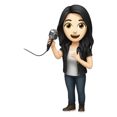 a woman with long black-brown hair, hazel eyes, pale skin, singing into a microphone sticker