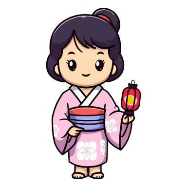 Cute Japanese high school girl in yukata at school summer festival with paper lanterns sticker