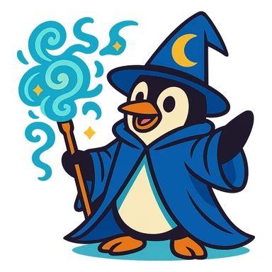 cartoon penguin wizard with a blue cloak, crescent moon hat, and swirling magical energy sticker