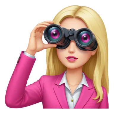 futuristic-looking woman with long hair in an intensive color pink suit looking through two-eyed binocular, viewed from an angled perspective sticker