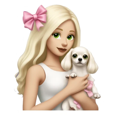 pale blond girl with long platinum hair with green eyes holding a white chihuahua puppy that wearing a pink bow sticker