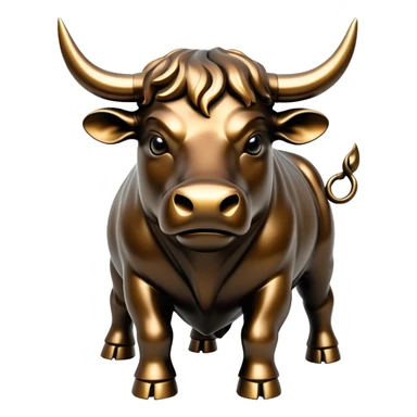 wall street bull, bronze statue, black in color and with a shiny and hard metal sticker