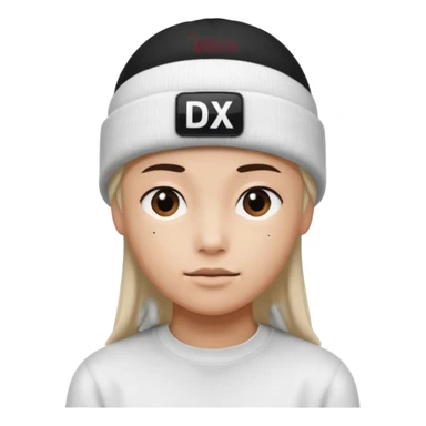 wearing a white beanie with an black square logo with the word "DX" written on it.

 sticker