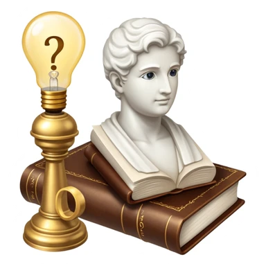 An icon featuring a classical bust, a book, and a question mark, symbolizing philosophy. The design includes a lightbulb, representing ideas, and a scroll with ancient text, evoking deep thought and intellectual inquiry. Transparent background highlights the search for knowledge and meaning. sticker