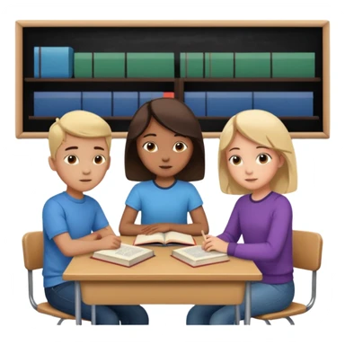 a group of students of both genders (boy and girl) talking to each other quietly in a classroom (let them face each other) sticker