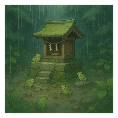 Rain falling gently on a tiny shrine surrounded by frogs. sticker