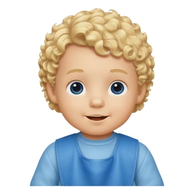 baby boy emoji, little blonde curls, wearing a blue bib, cheerful expression sticker