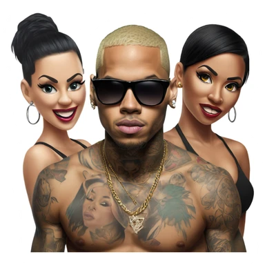 Hyper Realistic Chris Brown  wearing sunglasses with 2 female tattooed dancers sticker