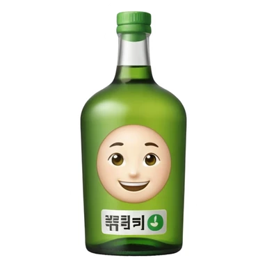 Minimal realistic emoji of a green Korean soju bottle, smooth glass texture, simple Korean label, soft studio lighting, clean background, centered composition, modern emoji design, high quality, 1:1 square sticker