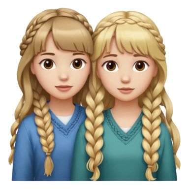 Sister with bangs and long wavy blonde hair and her sister with brown hair with bangs and longb hair braided to one side.  Close loving sisters💛 sticker