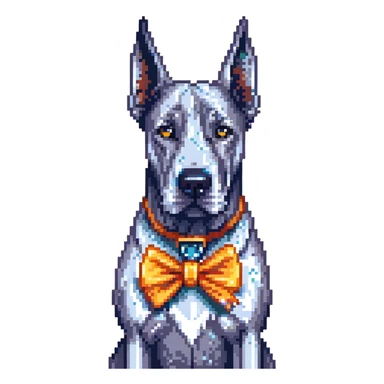 Blue Great Dane dog with a sparkly bow on its ear, pixel art style sticker