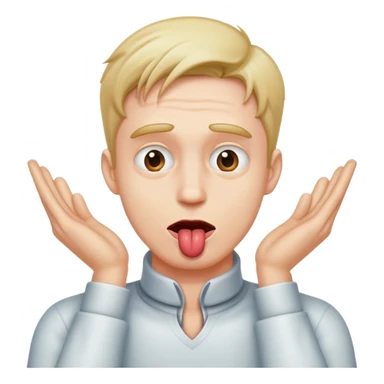 Man with hands on neck with “x” as eyes and tongue put sticker