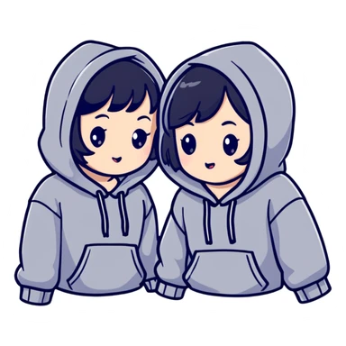Two adorable Japanese girls with black hair wearing casual Western clothing like hoodies or blouses, their cheeks touching, kawaii style sticker
