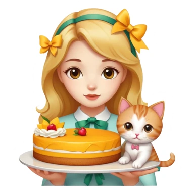 A beautiful girl holding a mango cake and a cute kitten with a bow sticker